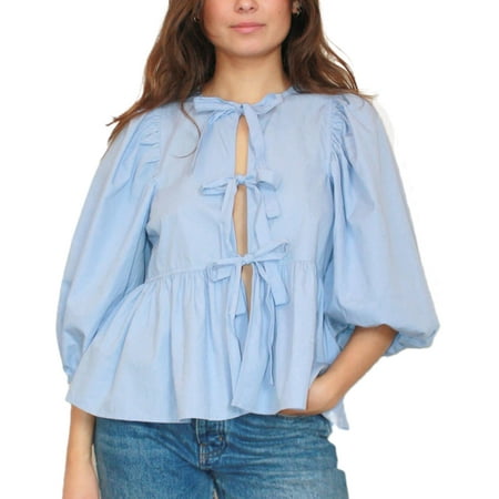 Women Y2K Peplum Tops Puff Short Sleeve Lace Up Tie Open Front Ruffle Hem Blouse Shirt Summer Going Out Cute Babydoll Tops