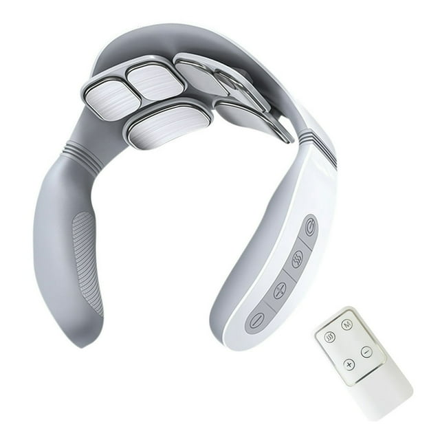 Portable Electric Neck Massager for pain relief and cervical relaxation, featuring 6 stainless steel massage pads, 5 massage modes, 18 intensity levels, and 42°C heating therapy. Includes a remote control for convenient use.