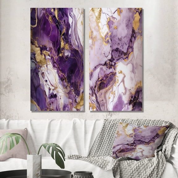 Designart "Royal Marble Elegance Purple and Gold Art I" Abstract Painting Wall Art Set Of 2 - Modern Gold Canvas Set For Living Room Decor