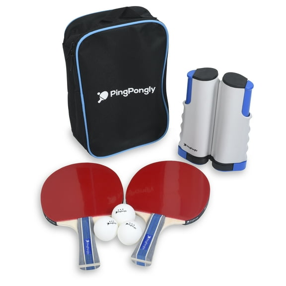 PingPongly Retractable Anywhere Table Tennis Ping Pong Net Set Includes, 1 Net, 2 Paddles and 3 Balls