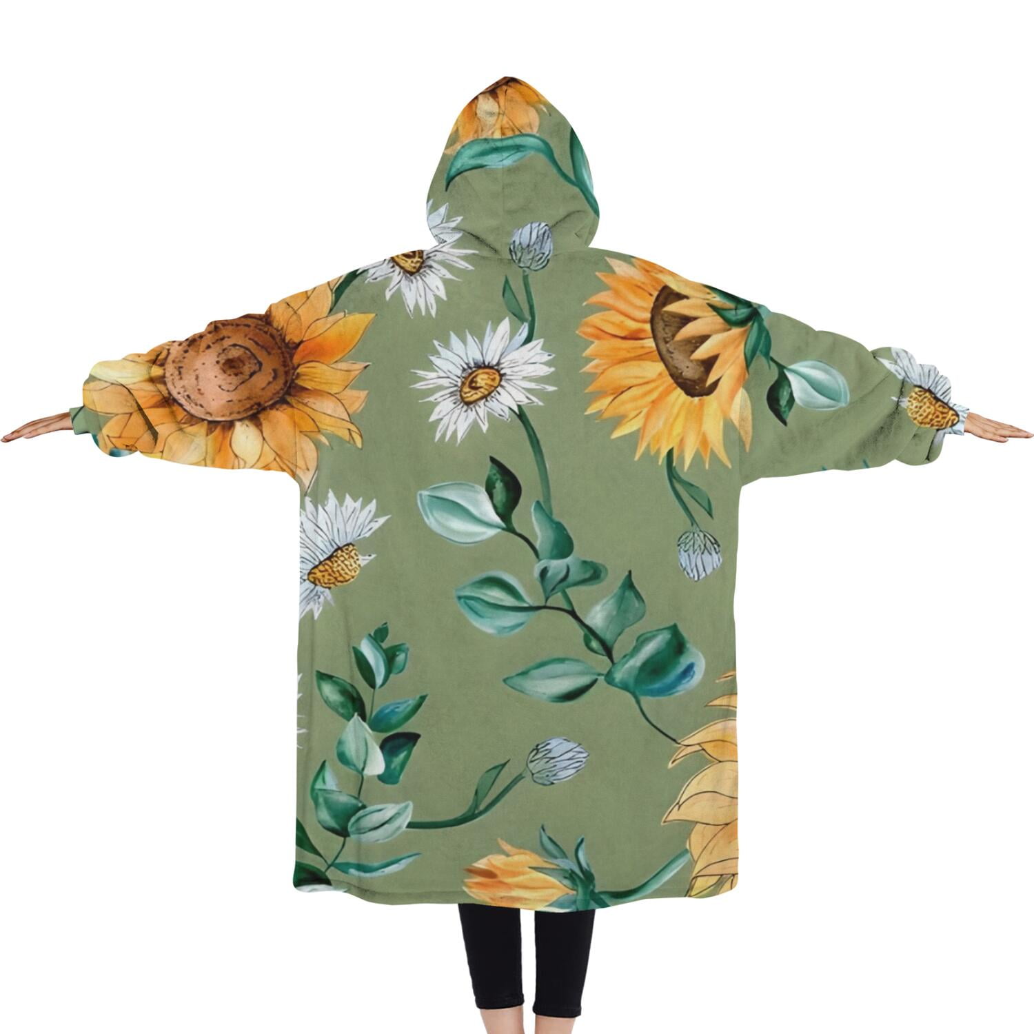 Oversized Wearable Blanket Hoodie,Green White Daisy Sunflower Pattern Sherpa Blanket Hoodie with Super Pockets,Super Warm Fuzzy Pullover for Women & Men