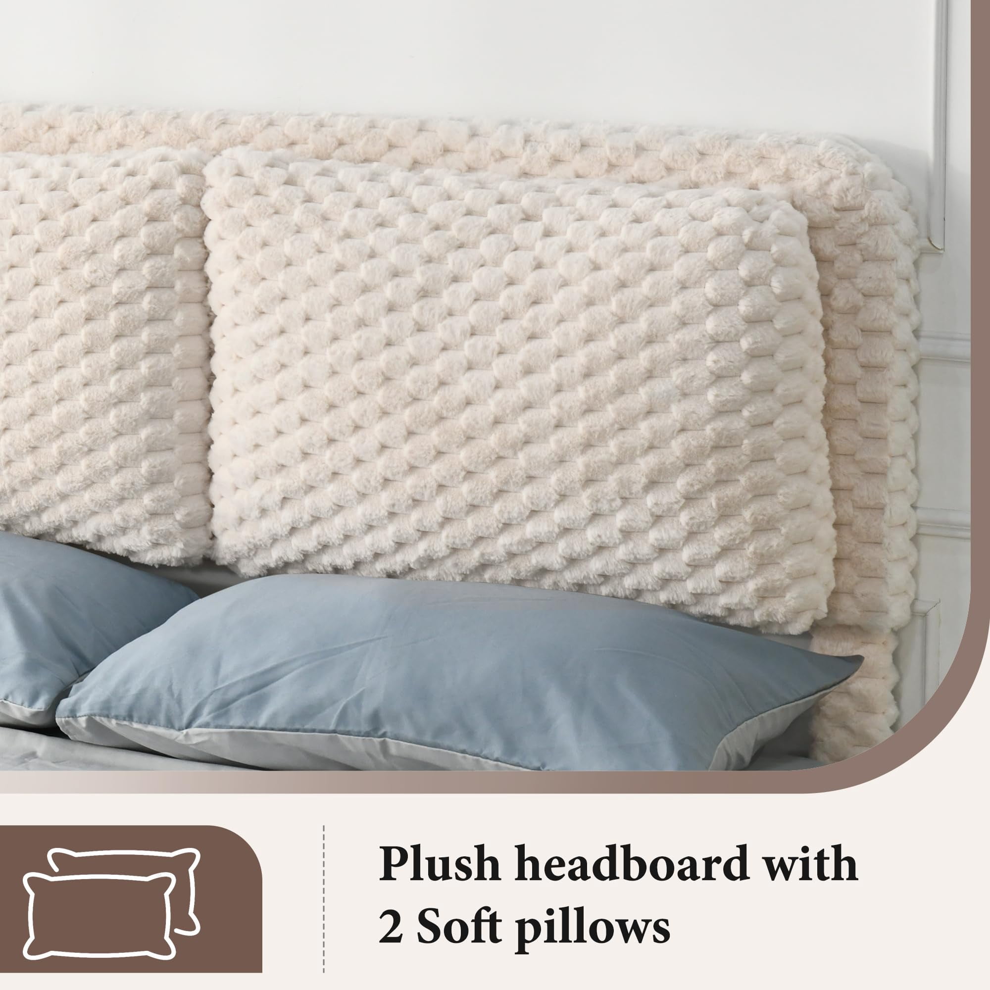 4 EVER WINNER Queen Bed Frame, Queen Size bed Frame with Headboard, Upholstered Bed Frame with Removable Pillows, Cream