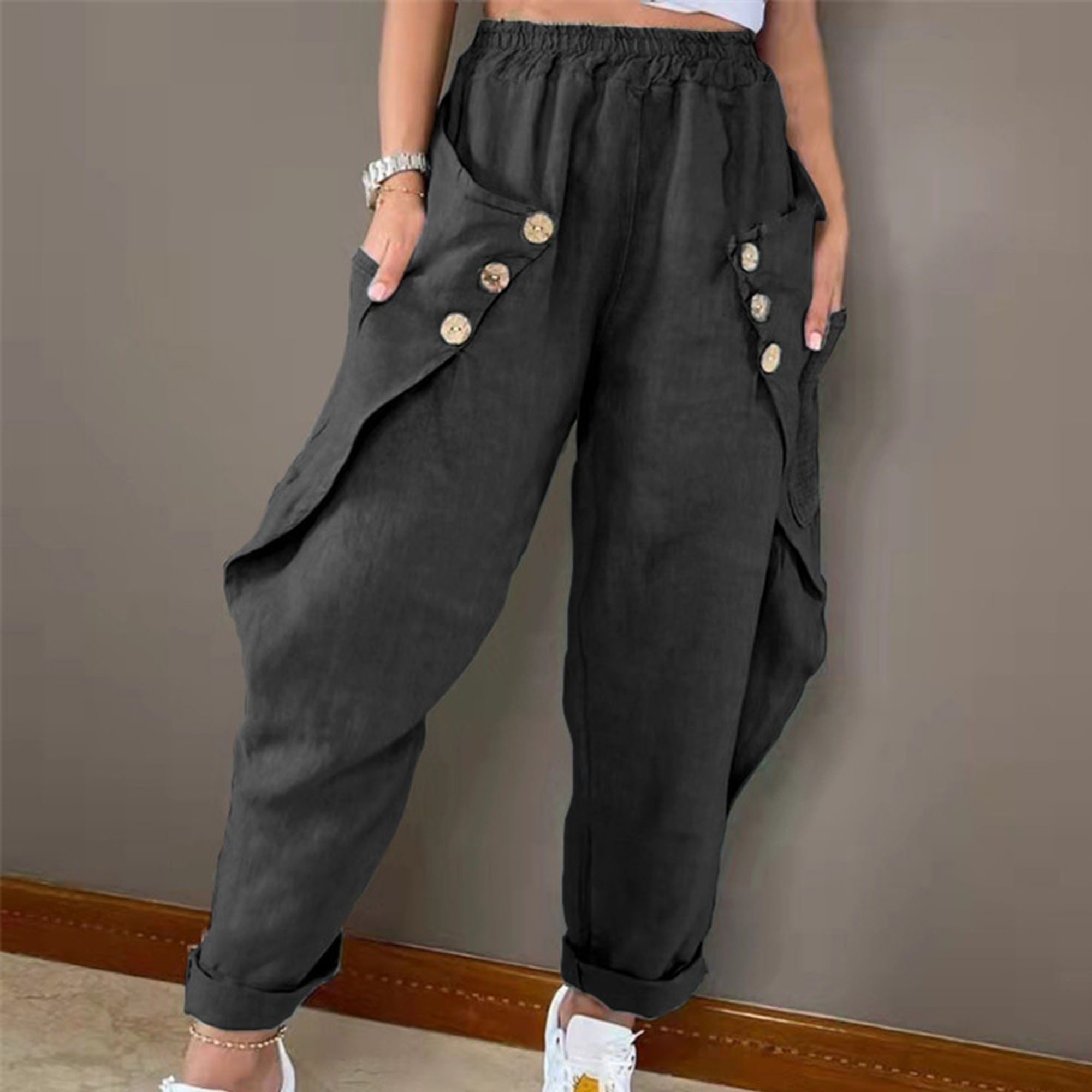 Women Elastic Waist Cotton Dungarees Trousers Casual Loose Harem Pants Plus Size 