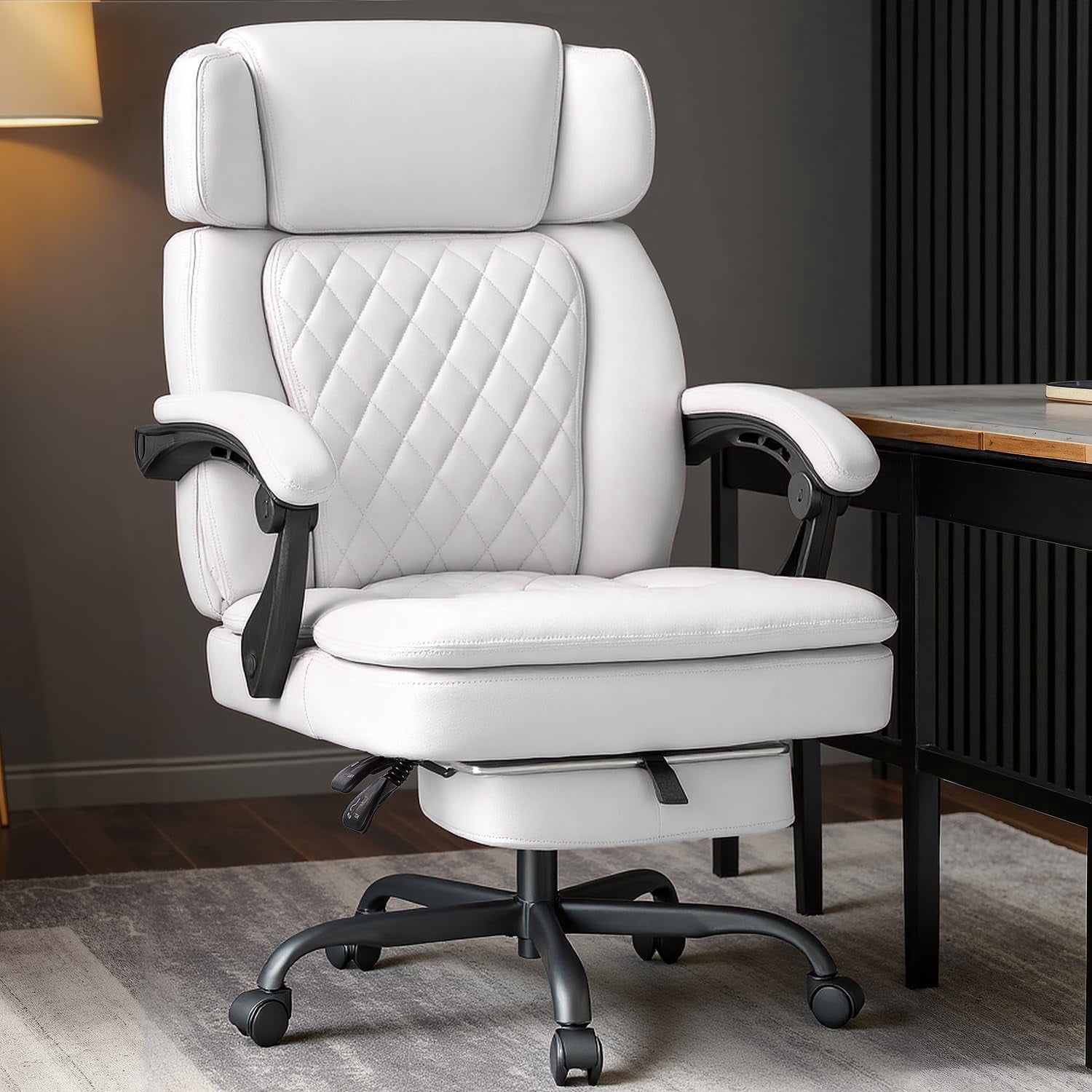 Big and Tall Office Chair 400lbs Capacity, Ergonomic Executive Chair with Linkage Armrests, Adjustable Headrest, Retractable Footrest & Lumbar Support, High Back PU Leather Desk Chair,White