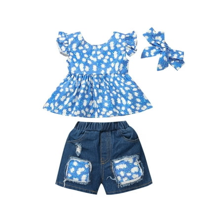 

Baby Girl’s Print Fly Sleeve Tops and Patchwork Denim Shorts with Headband
