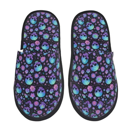 Balery purple Skull flower Slient Indoor Furry Fleece Comfort House Shoes Soft Non-Slip Home Shoes Cotton slippers House Slippers-- Medium