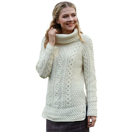 Aran Woollen Mills Oversized Turtleneck Sweater 100% Premium Soft Merino Wool Cable Knitted Pullover Women`s Jumper Made in Ireland