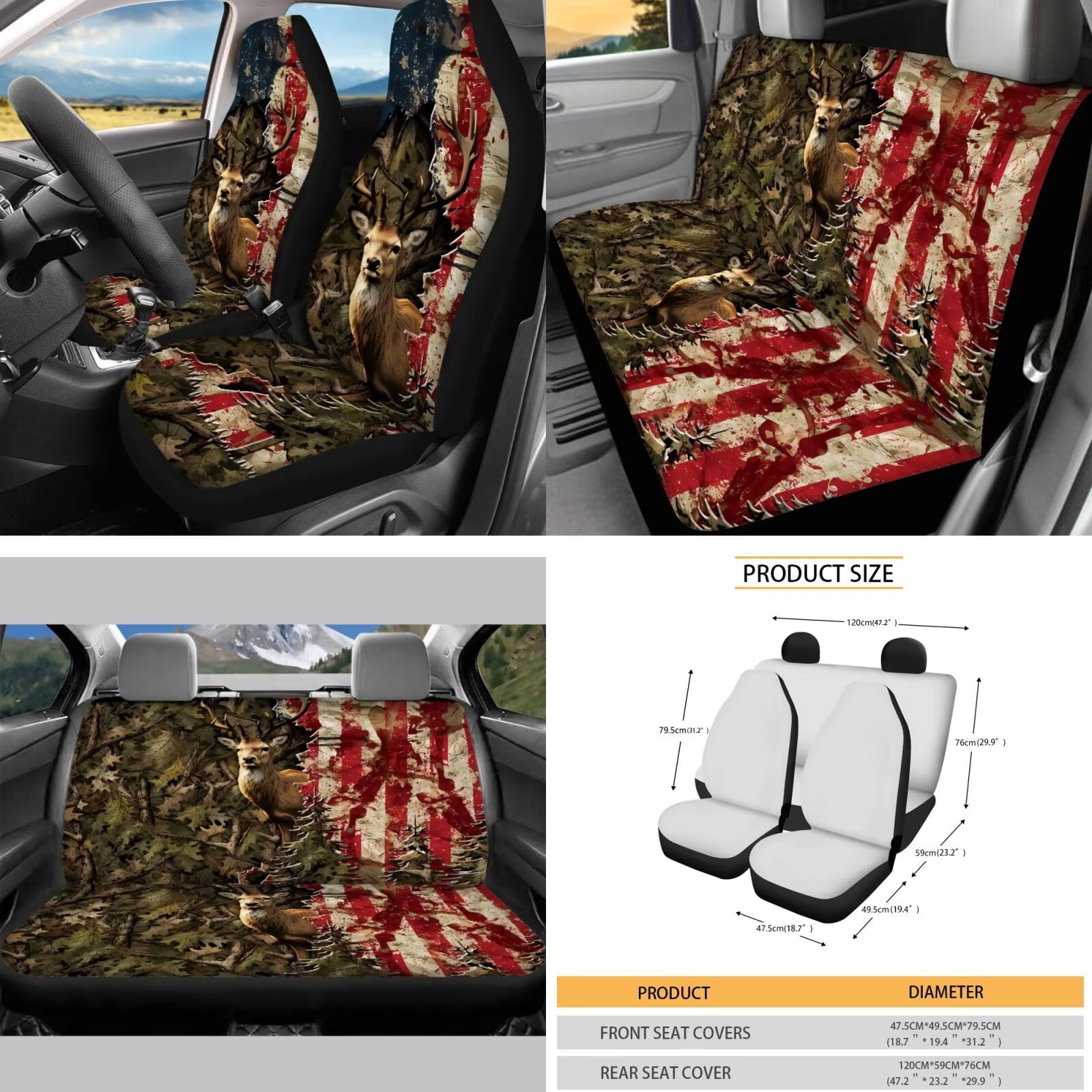 Garronmavis American Flag Forest Deer Car Seat Cover Full Set 16 Pieces Belt Pads Cover Keychain Holder Gear Shifting Knob Cup Mats