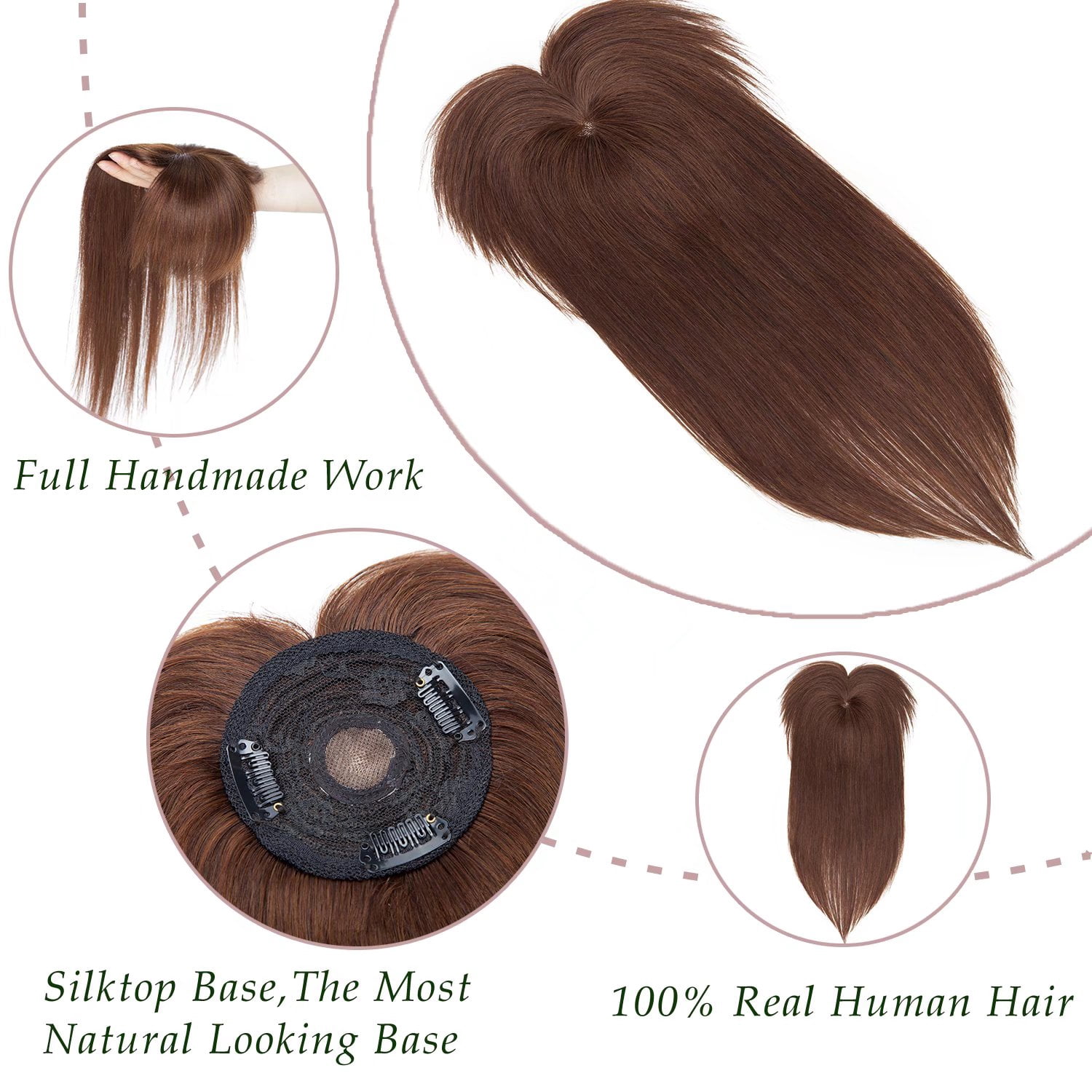MY-LADY Hair Toppers for Women Real Human Hair with Bangs 3 Clip In Remy Topper Hairpiece for Thin Hair Natural Looking Hair Extensions 14inch #04 Medium Brown