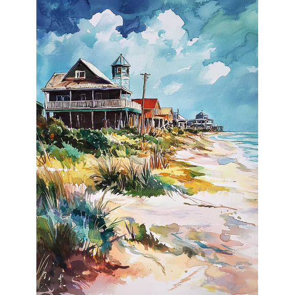 Coastal Beach House Watercolor Painting/Canvas Print，Suitable for Living Room，Bedroom，Bathroom，Office， and Hallway Decoration.