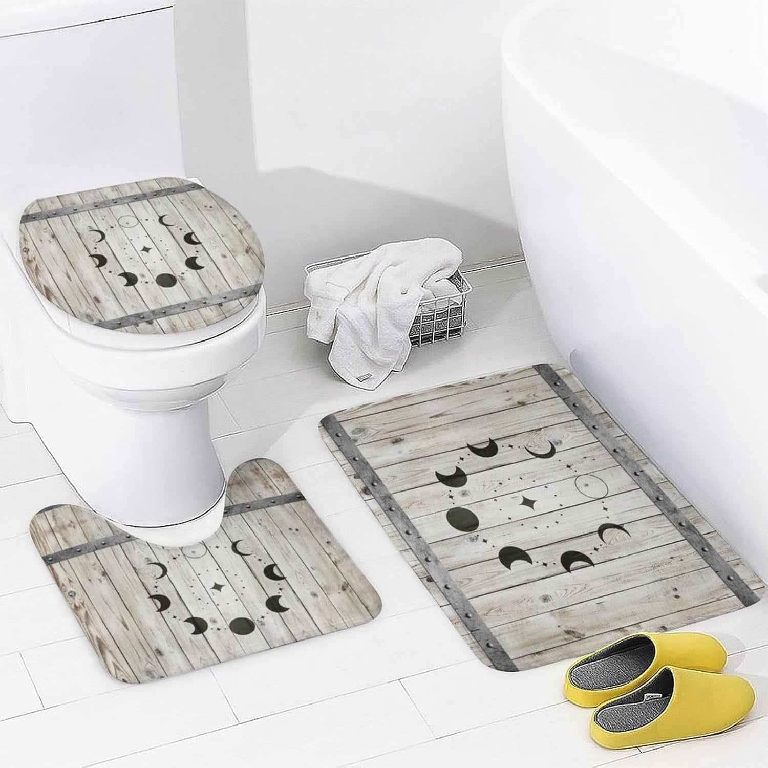 Country Barn Door 4 Pcs Shower Curtain set Bathroom Set Rustic Farmhouse Wooden Board Full Moon Shower Mat Shower Curtain with Rug 12 Hooks,72" W x 72" L