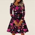 thumbnail image 2 of Long Sleeve Fit And Flare Heart Dress for Women Belted Waist Romantic Heart Print Flowy Skirt Soft Comfortable Fabric Ideal for Valentine s Day Casual Wear, Sizes S-5XL, 2 of 5