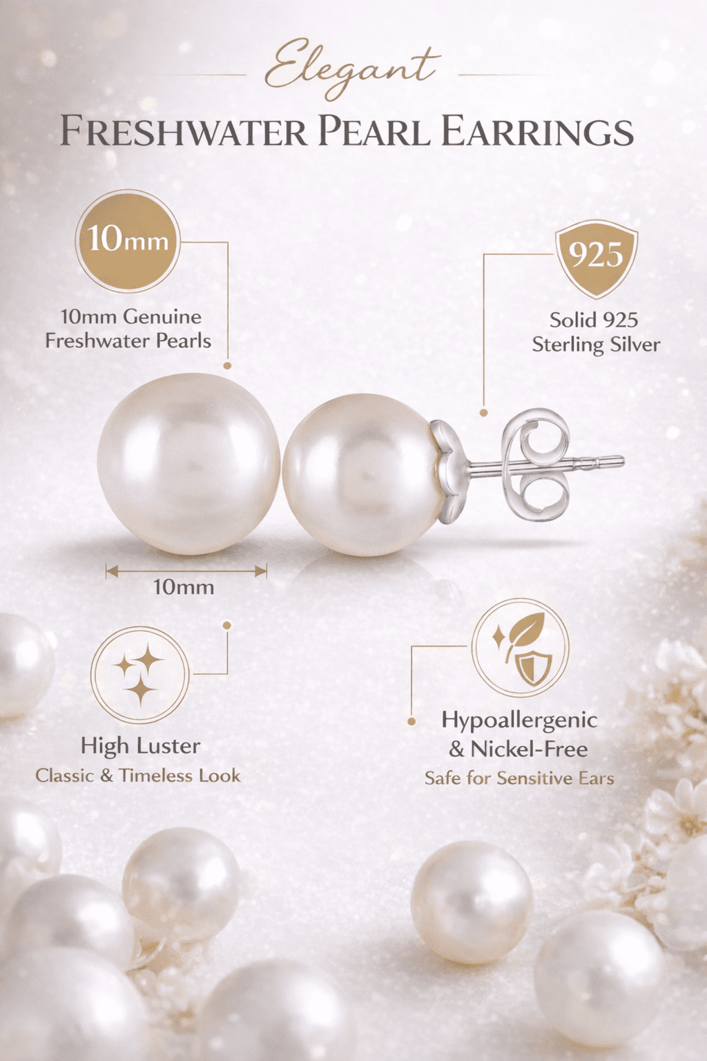 Femme Jam 925 Sterling Silver Freshwater Pearl Stud Earrings, Classic Round Pearl Earrings for Women, Hypoallergenic Push Back, 10mm