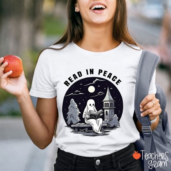 Read In Peace Halloween Teacher T-Shirt, Funny Spooky Book Lover Tee for Women, Librarian or Educator Costume Shirt, Casual Holiday Top