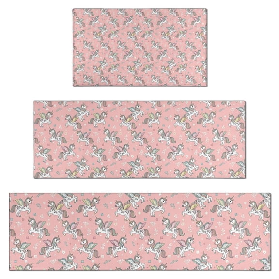 Pink Cartoon Winged Unicorn Floral Pattern Kitchen Rugs Sets Of 3,Kitchen Runner Rugs Non Skid Washable,Decorative Kitchen Floor Mats for Kitchen,Sink,Laundry,17"x30" 17"x47" 17"x59"