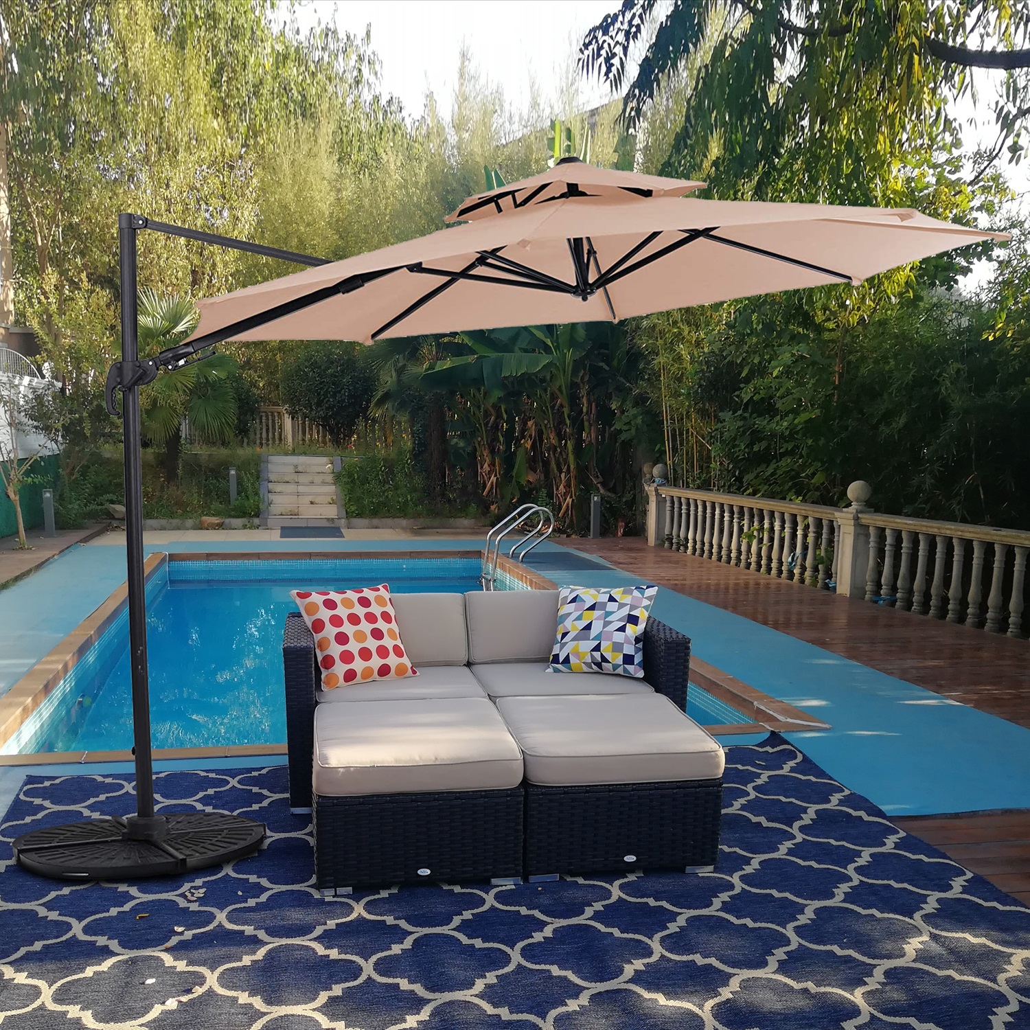 MF Studio 11ft Offset Cantilever Umbrella Double Top Deluxe Outdoor Patio Market Umbrella, 360 Degree Rotation with Cross Base, Beige