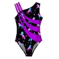 thumbnail image 3 of Zaldita Kids Girls Gymnastics Unitard Ballet Dance Leotard Asymmetrical Neck Bodysuit Colorful Biketard Black&Purple 8, 3 of 4