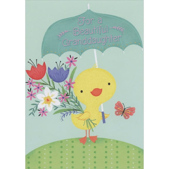 Designer Greetings Cute Yellow Duckling Holding Blue Umbrella and Flowers Juvenile Easter Card for Granddaughter