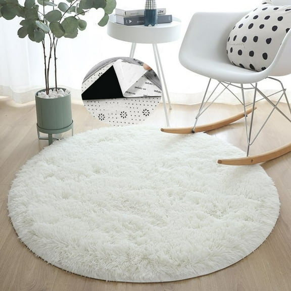 Soft Fluffy Area Rugs Round 47"x47" Beige White Shaggy Floor Mats Non-Slip Backing Carpet for Bedroom Living Room