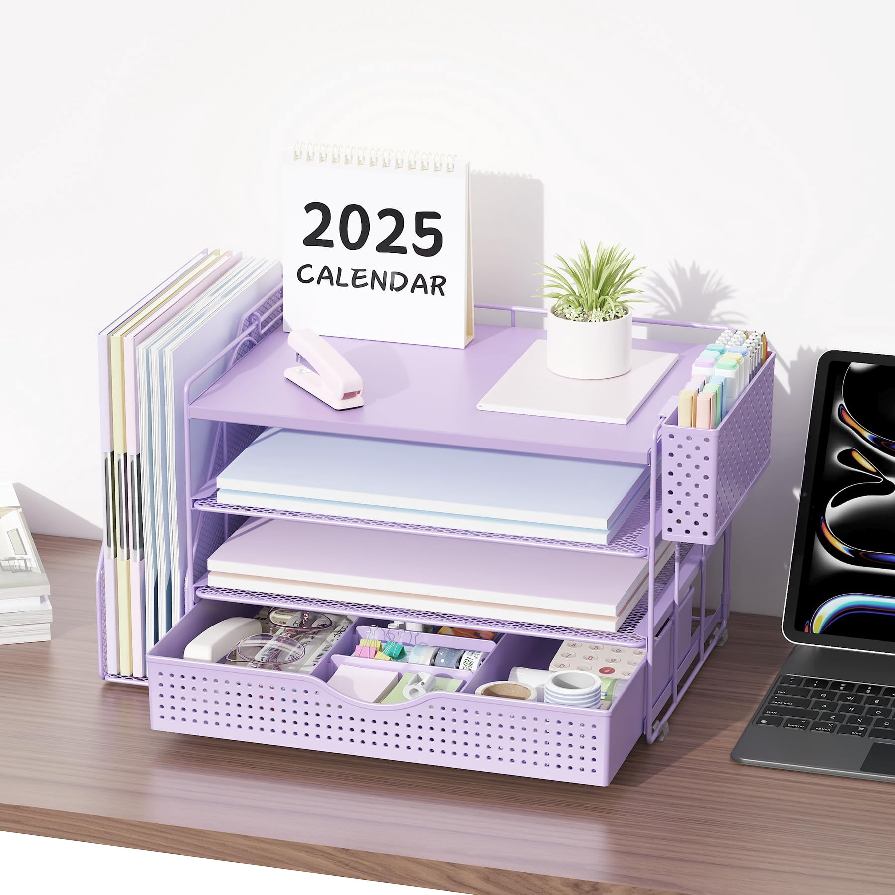 Wood Desk Organizers And Accessories With File Holder  4-tier & Workspace Drawer Pen Paper Organizer For Office Supplies (purple)