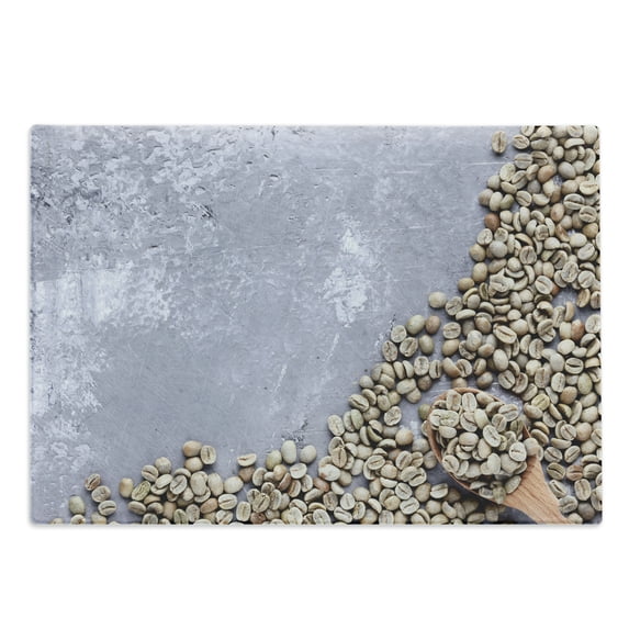 Espresso Cutting Board, Top View Picture of Poured Green Coffee Beans with a Wooden Spoon, Decorative Tempered Glass Cutting and Serving Board, in 3 Sizes, by Ambesonne