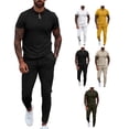thumbnail image 4 of Traje de ocio para hombre Cuello vuelto Cremallera Pretina Color puro Manga corta Pantalones largos Chándal Negro XL, 4 of 6