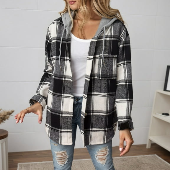 Letdown Womens Button Down Flannel Hoodie Shirts Long Sleeve Plaid Blouses Lightweight Business Dressy Casual Top with Pockets (Black,L)