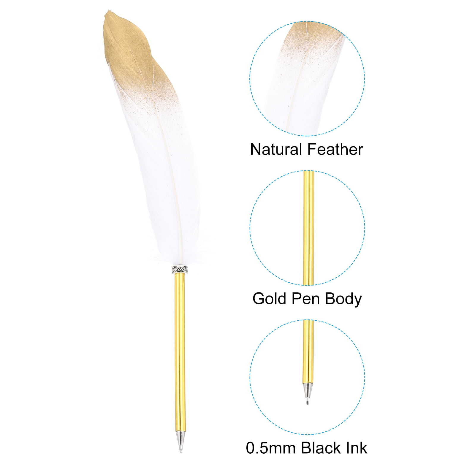 Uxcell 20Pcs Feather Ballpoint Pens Bulk, 0.5mm Ink Vintage Plated Rod Quill Writing Pens for Office, Wedding, White