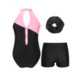 thumbnail image 4 of iiniim Girls Ballet Dance Outfits 3PCS Shiny Rhinestone Halter Neck Gymnastics Leotard with Athletic Shorts Set 6-14 A Black&Pink 14, 4 of 7