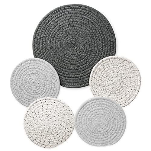 5-Pcs Trivet Pot Holder: Round Woven Potholders Set - 100% Cotton Braided Hot Pads - Coasters - Table Mats for Cooking and Baking One 11.8 Inch and Four 7 Inch