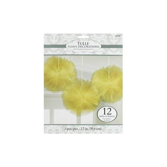 Amscan Fluffy Decorations Yellow 12" Round Shaped Nylon Bridal Tulle Hanging Pom Poms, 3 Count