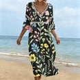 thumbnail image 6 of Karymi Floral Print V Neck Midi Dress, Hollow Out Cutout Trim 3/4 Sleeve Empire Waist Loose Flowy Casual Summer Vacation Sundress Wedding Guest Dresses for Women, 6 of 6