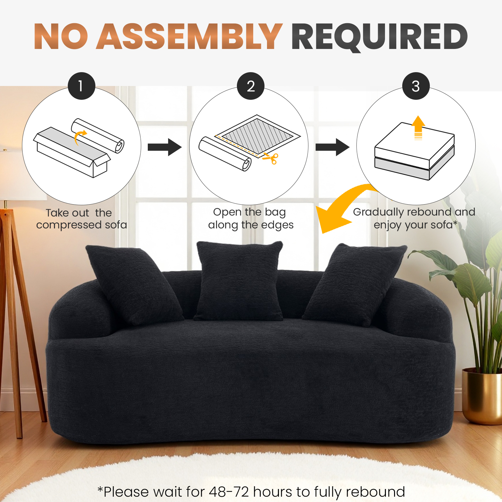 Loveseat Sofa, 65" Modern Minimalist Curved Loveseat Couch 2 Seat No Assembly Deep Seat Sofa with 3 Pillows for Living Room and Small Spaces, Black