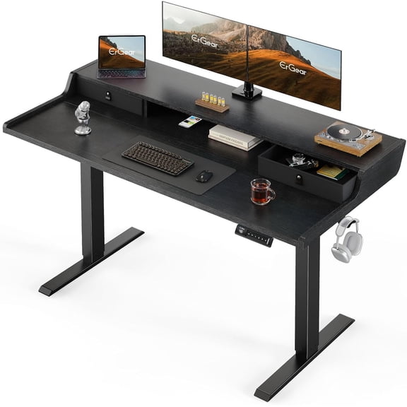 Electric Standing Desk with Drawers, 55″ x 28″ Gaming Table Compatible Monitor Stand, Stand up Desks, Home Office Height-Adjustable Desk with Storage Shelf, 4 Preset Heights, Black