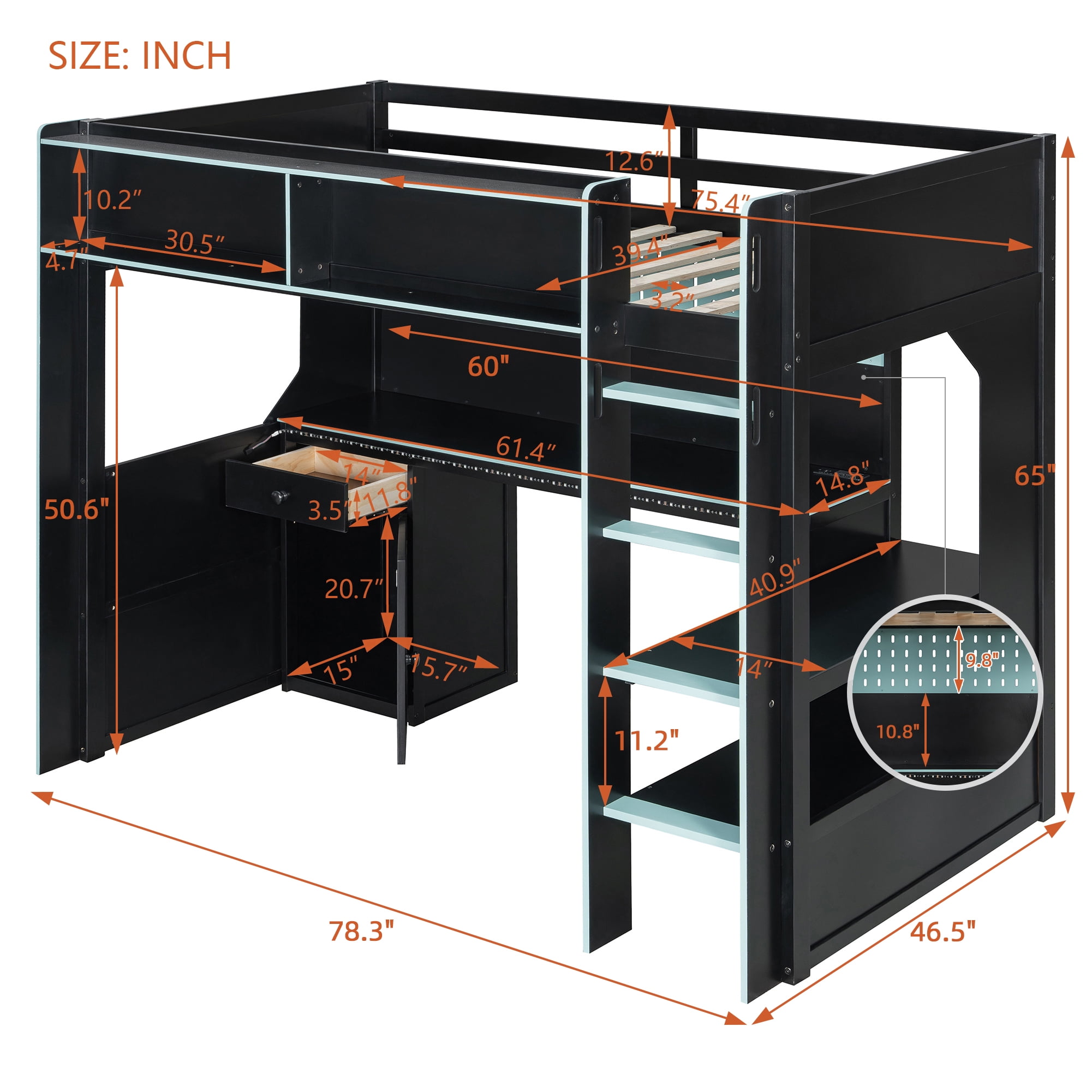 Aukfa Twin Size Gaming Loft Bed with Desk, LED Lights, Charging Station & Storage Shelves/Cabinet, Wooden Bed Frame for Kids, Black/Blue