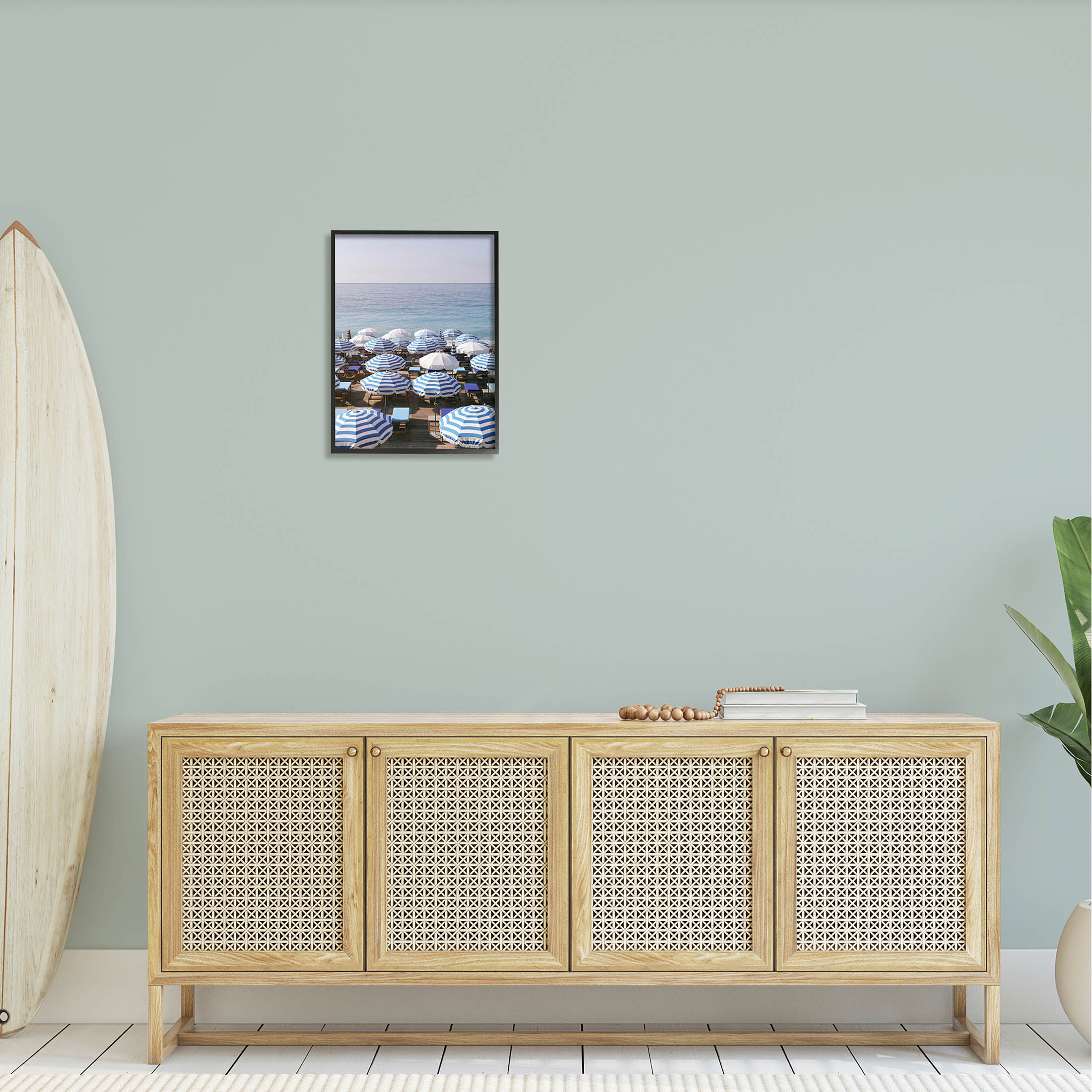 Beach Umbrellas Clear Summer Sky Coastal Photograph Black Framed Art Print Wall Art