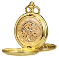 thumbnail image 1 of Pocket Watch Skeleton Hand-Wind Mechanical Double Case Black Roman Numerals Antique with Fob Chain Box, 1 of 1