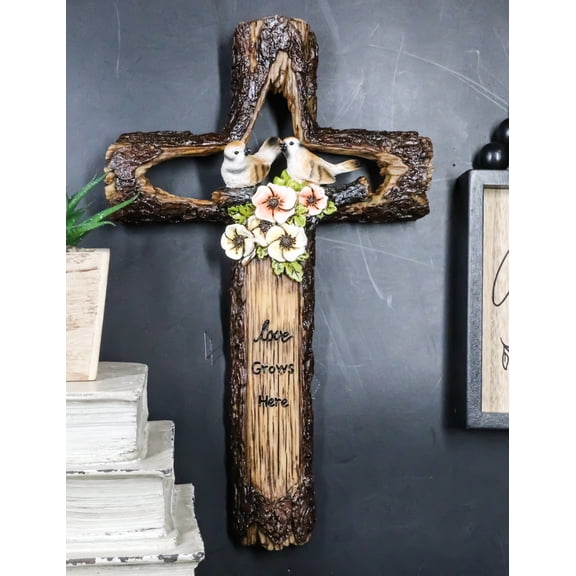 Rustic Love Grows Here Birds On Branch Flowers Faux Wooden Tree Bark Wall Cross