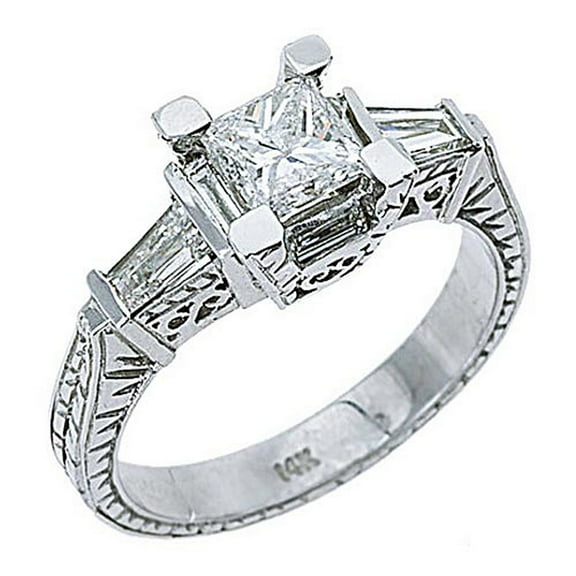14k White Gold 1.90 Carats Princess & Baguette Antique Diamond Engagement Ring