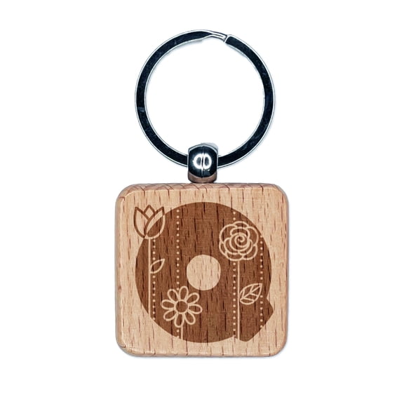Sweet and Cute Flowers Rounded Block Letter Q Square Keychain Charm Tag - Engraved Wood