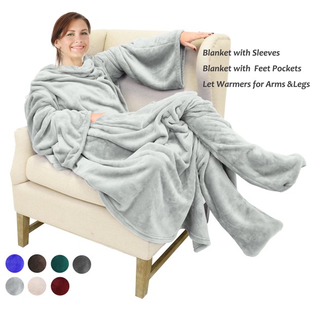 Fleece Blanket Wearable with Sleeves & Foot pockets for Men and Women