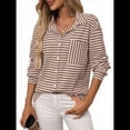 thumbnail image 2 of Camisas de Mujer con Botones, Blusas Clásicas A Rayas de Larga con Cuello y Bolsillo para Oficina. Caqui XXL, 2 of 9