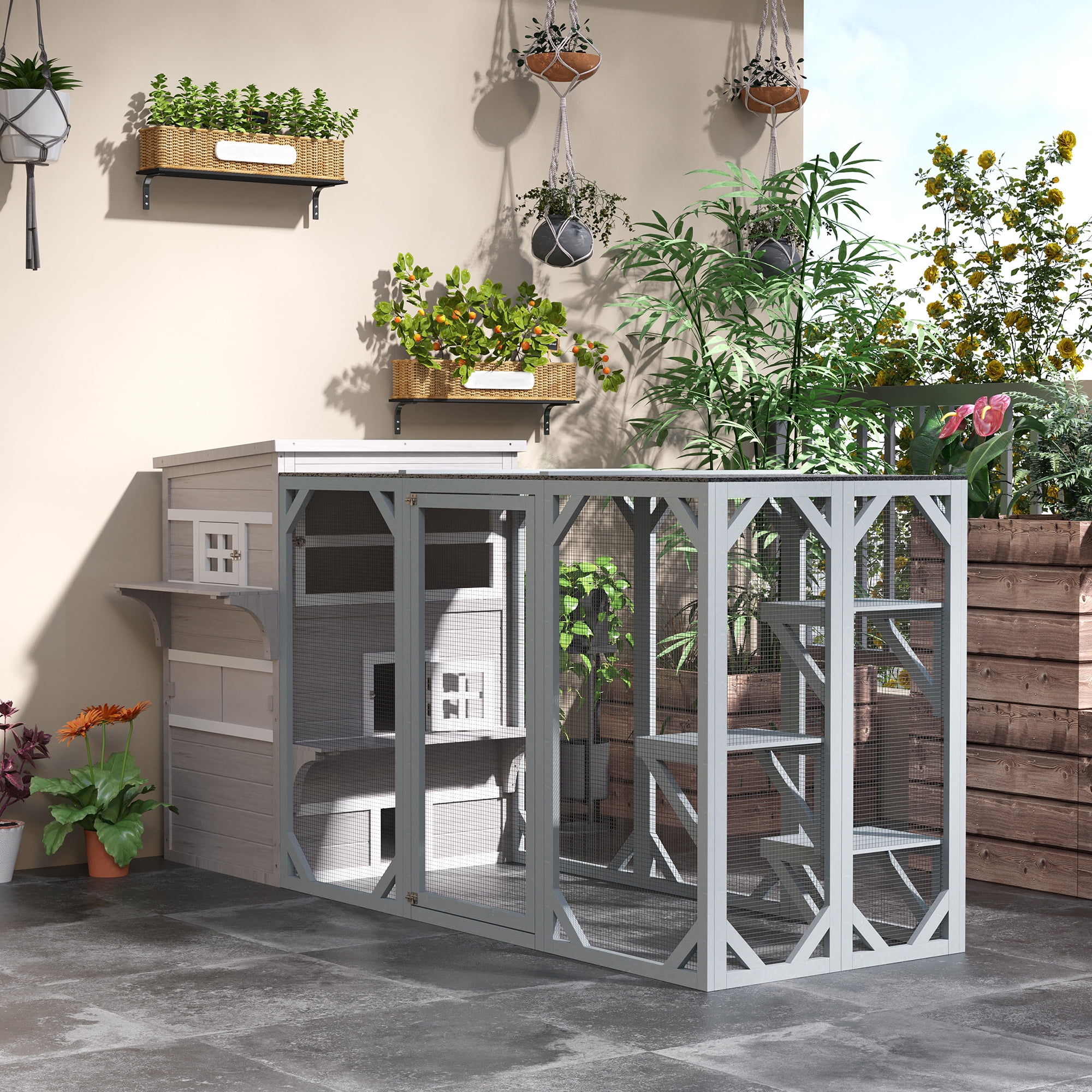 3-Story Cat House Feral Cat Shelter, Outdoor Kitten Condo with Raised Floor, Asphalt Roof, Escape Doors, Jumping Platforms, Grey