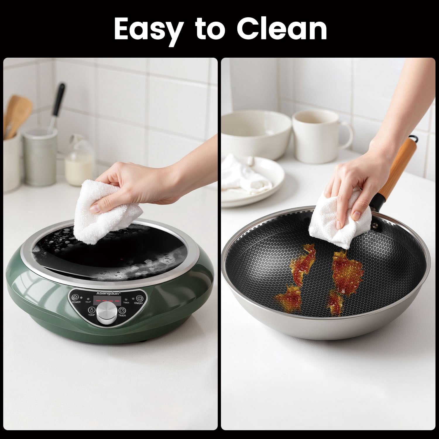 Abangdun 1700W 85V~120V Induction Cooktop with 13' Stainless Steel Wok Pan Electric Burner 1.06″ Curved Surface Concave 18h Timer Real Precise Power/Temp Ctrl 16 Watts 200~1700 No Pulsing on/off when