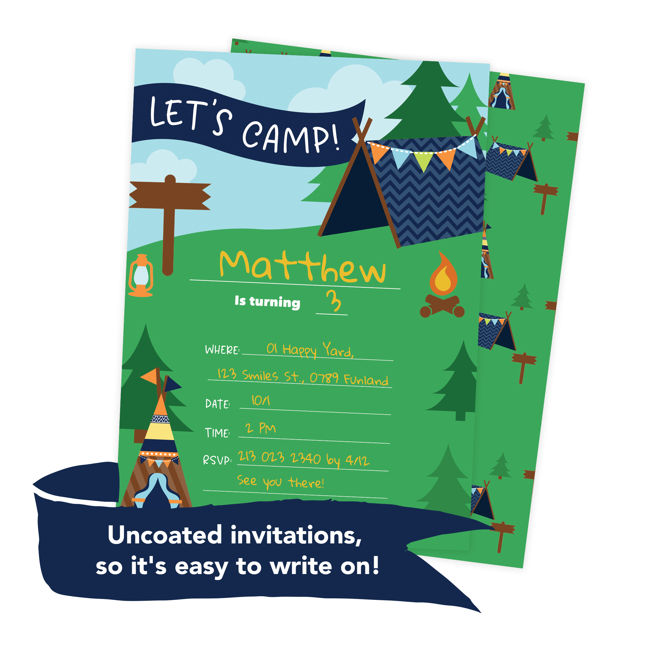 Camping Boys 3 Happy Birthday Invitations Invite Cards 25 Count
