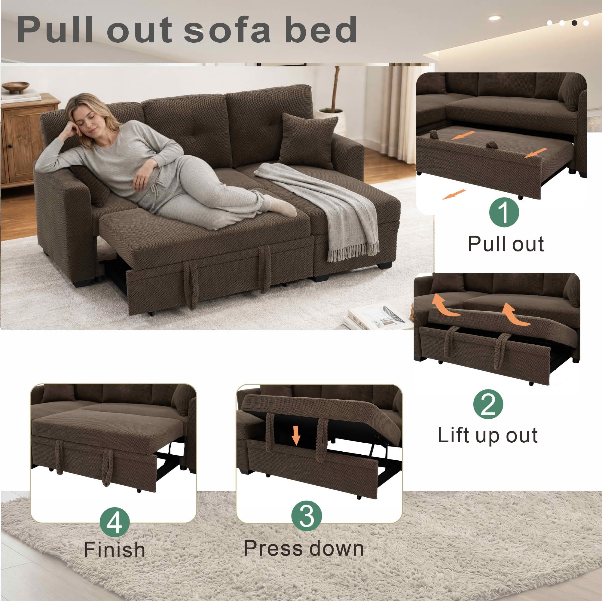 MAYEERTY L‑Shaped Sleeper Sectional Sofa, Convertible Pull‑Out Bed with Reversible Storage Chaise, Dark Gray Breathable Polyester Fabric for Small Living Spaces