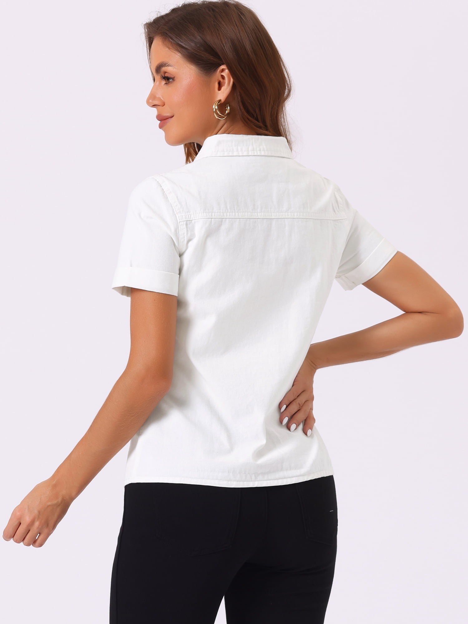 DARING DIVA Women's Denim Collared Short Sleeve Chest Pocket Button Up Shirt S White