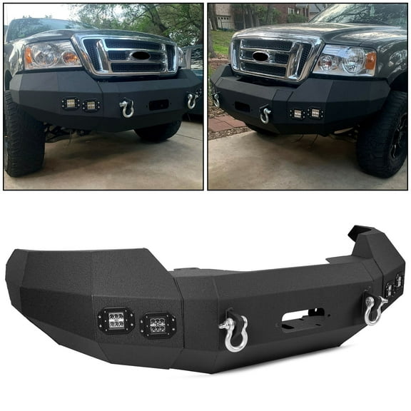 HECASA Offroad Front Bumper,Fit for 2004-2008 Ford F150, 3 pieces Powder Coated ,Steel W/LED Lights D-Rings Winch Mount Bumper Assembly - 2 Packages
