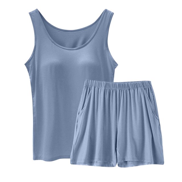 Lixiuxyad Women Spring And Summer Casual Solid Color Padded Tank Top Shorts Set Home Pajamas Set Blue