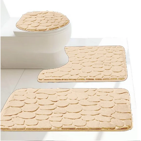 Gorgeous Home Linen 3-Piece Memory Foam Bathroom Rug Set, Non-Slip Embossed Cobblestone Pebble, Taupe